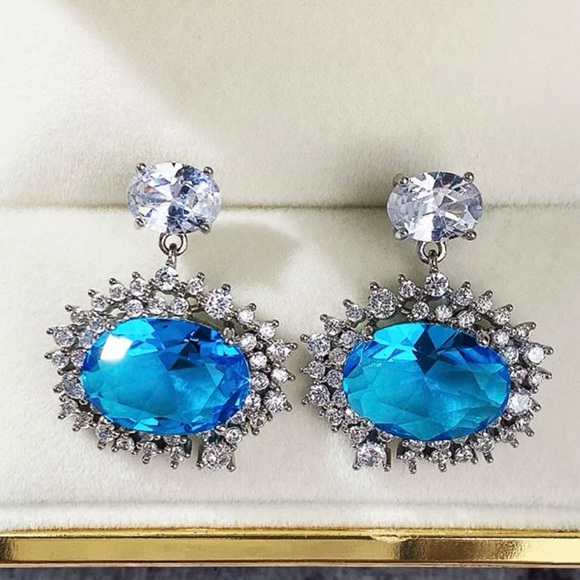 ✨Oval Blue Aquamarine Halo Earring✨✨ - Picture 2 of 5